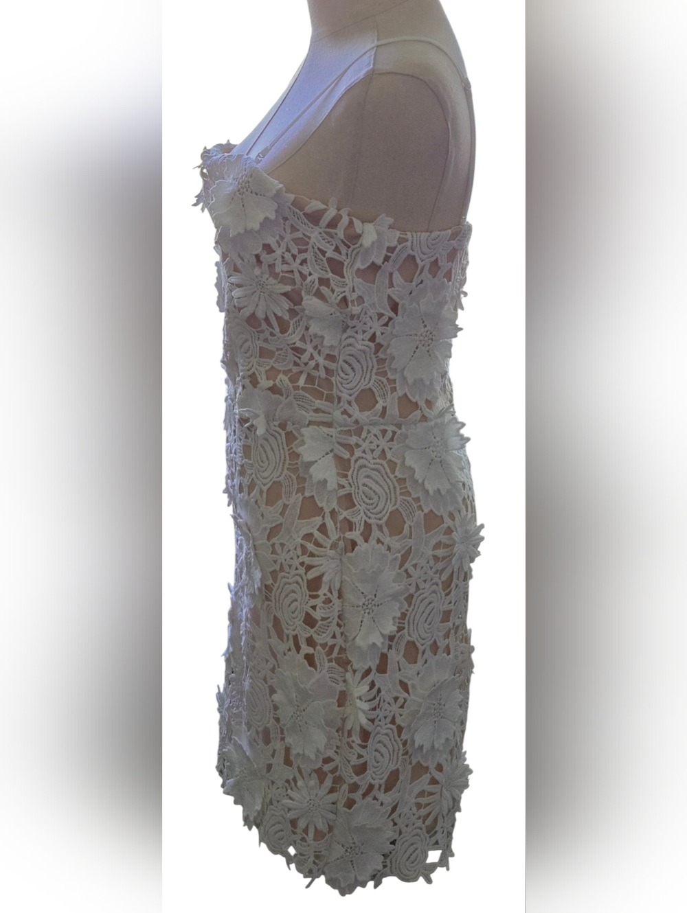 NWT~ Just Me 3D Floral Appliqué Crochet Lace Mini Dress in White/Nude - Picture 6 of 13